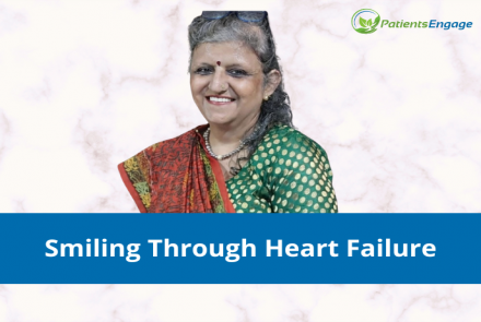 Slightly angled picture of a smiling woman with glasses on her head and text overlay Smiling through heart failure 