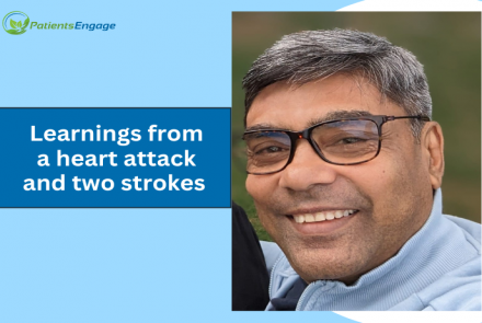 Picture of a spectacled man with greying hair. Text on the left Learnings from a heart attack and two strokes 