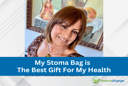 Pic of a Smiling Woman with the text overlay My Stoma Bag is The Best Gift For My Health