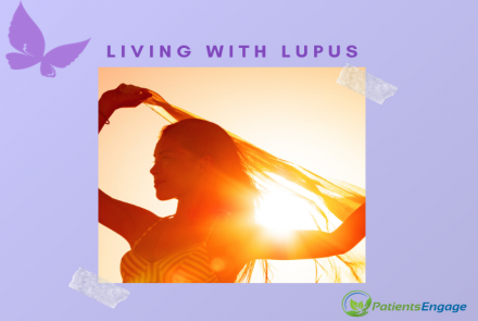 Silhouette of a young woman dancing and the sun shining through her scarf dupatta and the text living with lupus 