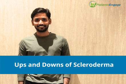 Young man with facial hair and green shirt against a wooden background with text Ups and Downs of Scleroderma