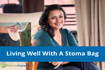Stock pic of an Indian woman and an inset of a stoma bag and text overlay Living well with a stoma bag