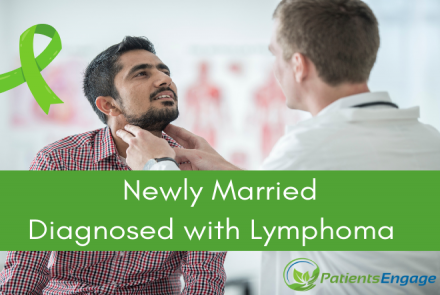 A physician whose back is visible to us is examining the neck of young man with facial hair with text overlay of newly married diagnosed with lymphoma