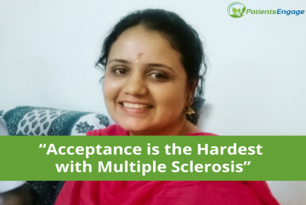 Picture of a woman and the text overly Acceptance is the Hardest with Multiple Sclerosis
