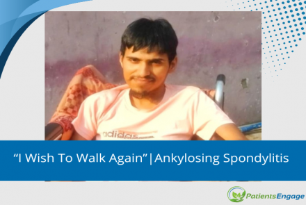 Picture of the young man on a wheelchair with the text on bluestrip I wish to walk again| Anklylosing spondylitis