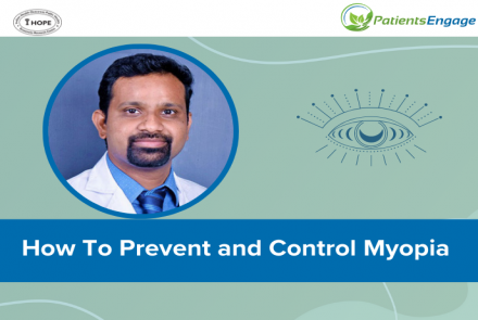 Picture of Dr. Pavan Verkicharla and a design of an eye with text overlay on a blue strip: How to prevent and control myopia 