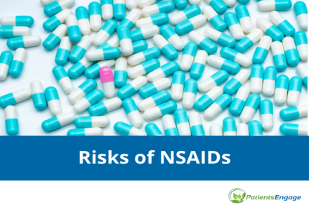 Stock pic of capsules with overlay of blue strip with text Risks of NSAIDs