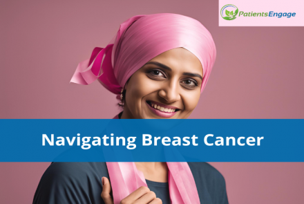 Stock pic of an indian women with pink bandana and text overlay navigating breast cancer 