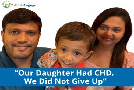 A little child flanked by her parents and the text overlay Our Daughter Had CHD. We did not give up