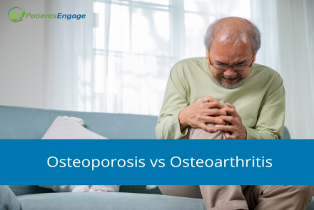 An elderly gentleman sitting on a sofa and holding his knee. Overlay of text Osteoporosis vs Osteoarthritis 