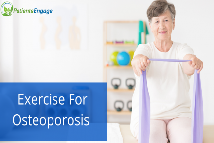An elderly woman exercising using resistance bands and text overlay that says exercise for osteoporosis