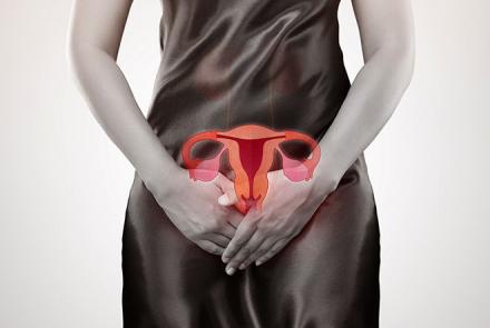 Stock Image of a woman in black with the reproductive parts superimposed in red