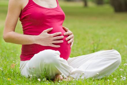 A stock pic of a pregnant woman sitting on the grass 