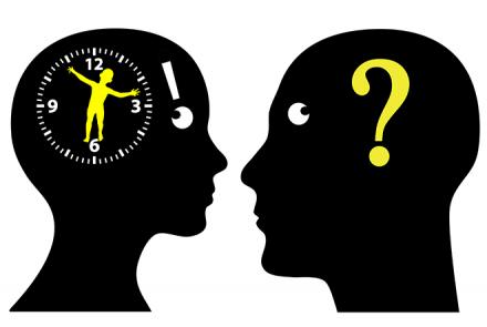 A vector image of a clock on woman's head and a question mark on man's head