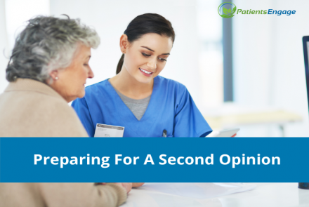 A woman doctor in blue scrubs discussing with an older woman with the text overlay on a blue strip Preparing for a second opinion 