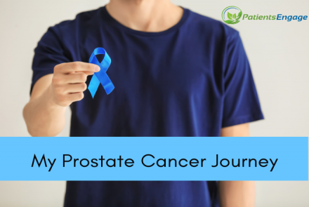 Stock pic of a person in blue t-shirt, head not visible, holding a blue ribbon and a text overlay of My Prostate Cancer Journey 
