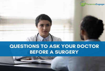 Stock pic of a person speaking to a doctor and the text overlay on blue strip Questions To Ask Your Doctor Before A Surgery