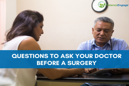 Stock pic of a woman speaking to a doctor and the text overlay Questions to ask your doctor before a surgery