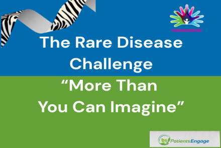 The text The Rare Disease Challenge More than you can imagine on a Blue and Green background and elements of zebra ribbon and rare disease day motif