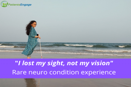 Woman standing on the beach with a cane in hand and overlay of text in white on purple background - I lost my sight, not my vision, Rare neuro condition experience
