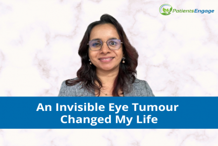 Picture of a young woman wearing glasses and text over blue strip An Invisible Eye Tumour Changed My Life