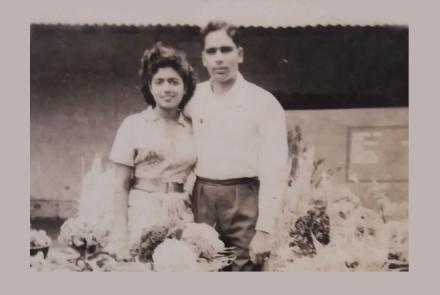 Image: Black and white pic of Marianne's parents as a young couple - mom on the left and dad on the right