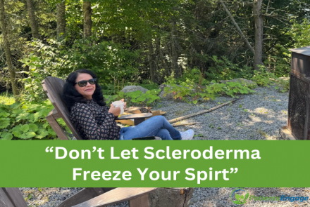 The author sitting outdoors and having a cup of tea and text overlay Don't let Scleroderma freeze your spirit