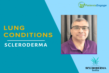 Profile pic of Dr Sujeet Rajan and the text Lung Conditions and Scleroderma and logos of PatientsEngage and Scleroderma India 