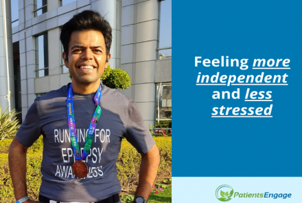 Picture of epilepsy warrior Vinay in a race outfit and the text feeling more independent and less stressed