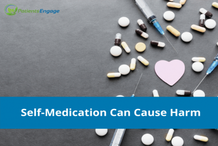 Stock pic of medicines and the text overlay on blue strip Self-Medication Can Cause Harm