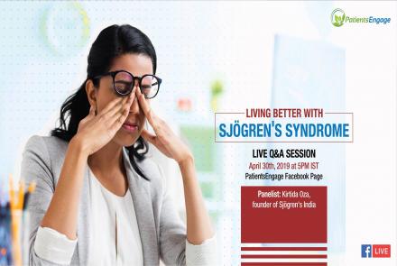 A poster for the webinar on Sjogren's Syndrome shows a woman pressing down on her eyes with her fingers and her specs pushed up on her forehead