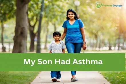 A young boy white shirt blue jeans walking in the park with his mother in blue top and jeans with the text overlay My Son Had Asthma over green strip