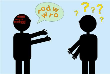 Image: Stock image of two people communicating with each other but the words in the speech bubbles are jumbled