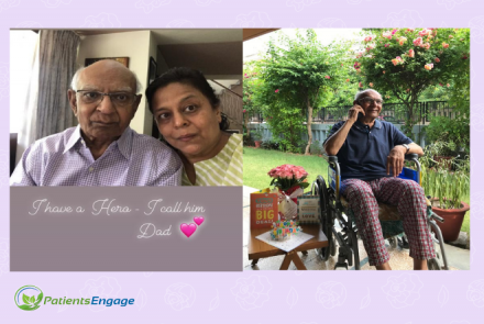 Composite pic of Prima and her father with stage 4 cancer and the father in the garden on the phone