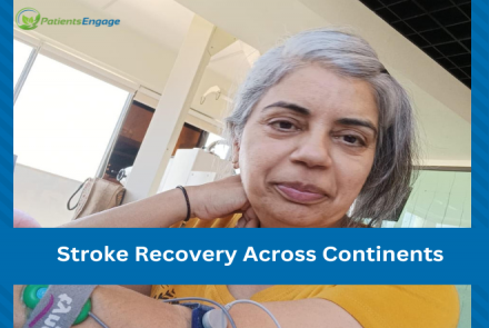 Picture of stroke survivor Nisha Mistry a grey haired woman in a yellow blouse and the text overlay Stroka Recovery Across Continents