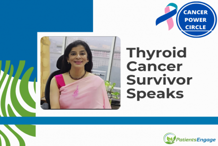 Picture of a women in a pink sari and blouse and the text Thyroid Cancer Survivor Speaks and on the right hand corner Cancer Power Circle and thyroid cancer ribbon