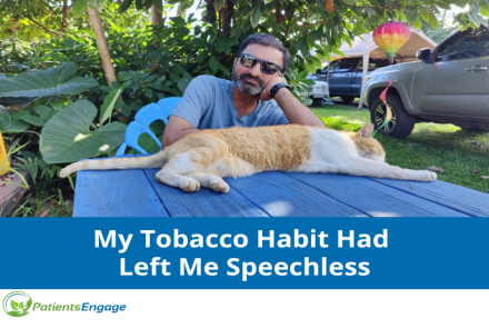 Picture of Mehul Vyas with dark glasses iin an outdoor setting and a pet on the table in the foreground. Text overlay My Tobacco Habit Had Left Me Speechless
