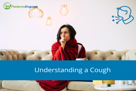 A woman in a red dress coughing and text overlay Understanding A Cough