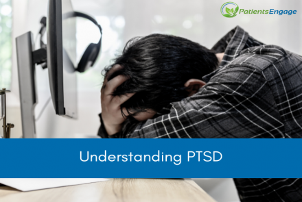 Image of a person in a checked shirt with his head on the table. Text on blue strip overlay: Understanding PTSD 