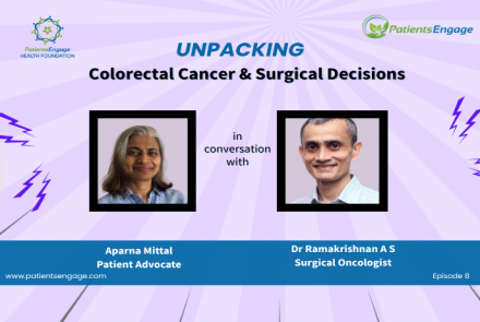 Podcast Cover with headshots of Dr Ramakrishnan and Aparna Mittal and the title Unpacking Colorectal Cancer and Surgical Decisions 