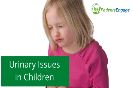 Child in pain with text overlay of urinary issues in children 