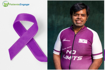 Epilepsy warrior Vinay Jani a man in purple and white fitness wear and the epilepsy ribbon on the left