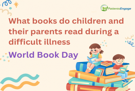 Thumbnail with the text What books do children and their parents read during a difficult illness World Book Day. Graphic image of a boy and a girl sitting on top of books and reading