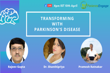 Event Poster with pictures of the 3 Persons with Parkinsons and title of event Transforming With Parkinsons Disease 