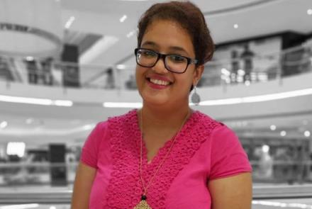 Sangeetha Param who has Bipolar, Borderline Personality Disorder and Depression in a pink dress 