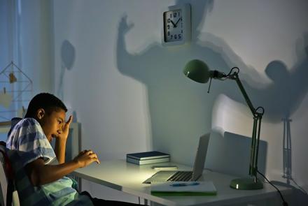 Stock pic showing a young teen on the left scared and traumatised by something on his laptop. There is a lamp that shines directly on the laptop and there is a large shadow on the wall.  