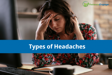 A woman reading a book and holding her head in pain with text overlay on a blue strip Types of Headaches